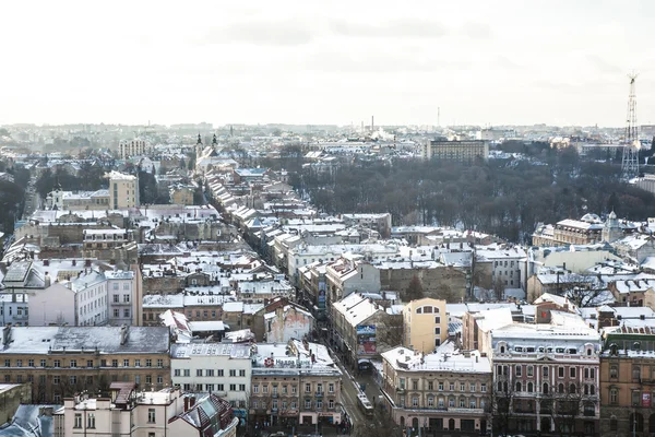 A történelmi belvárostól a város Lviv, felülnézet — Stock Fotó