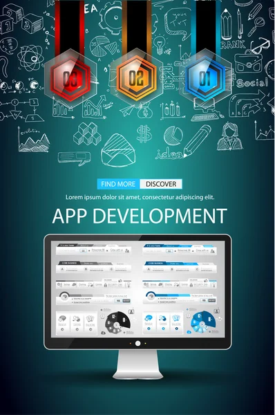 Desarrollo de aplicaciones Concepto de infografía Fondo — Archivo Imágenes Vectoriales