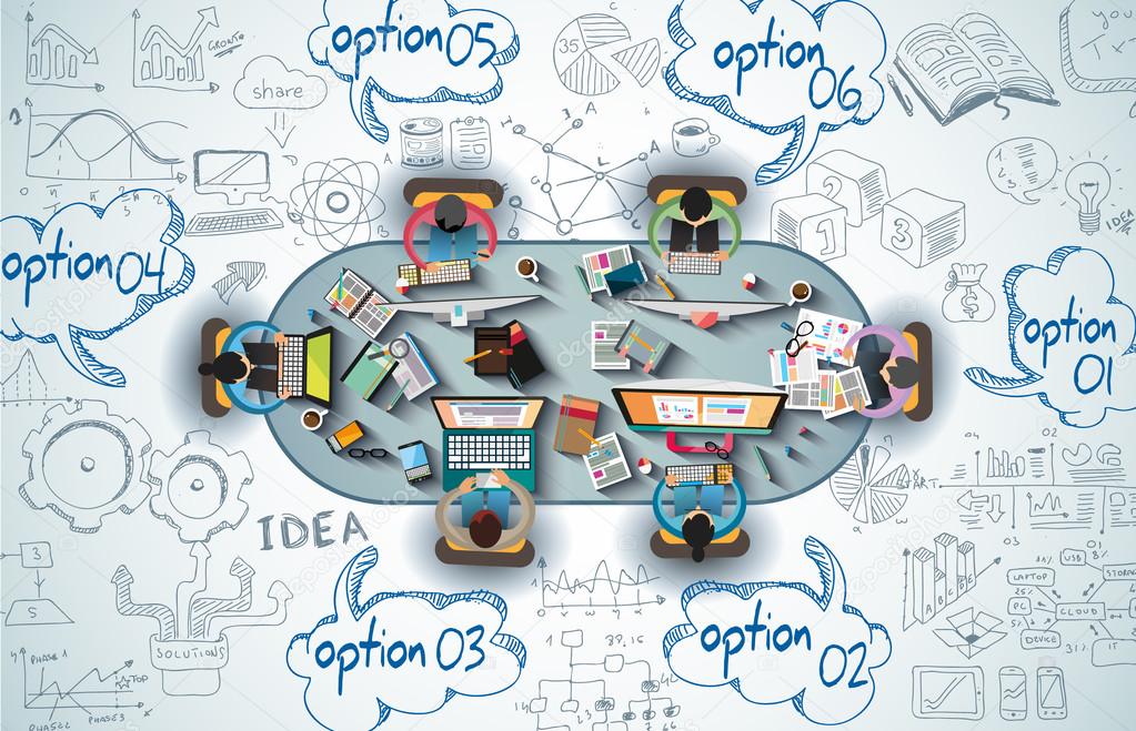 Infographics Teamwork with Business doodles Sketch