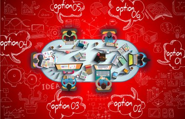İş ile Infographics ekip çalışması eskiz doodles