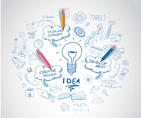 Idea concept with light bulb and doodle — Stockvector