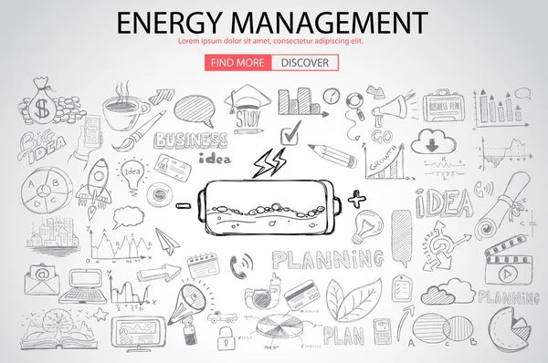 Gestión de energía con estilo de diseño Doodle — Vector de stock