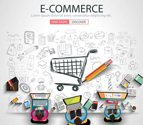 Conceito de e-commerce com estilo de design Doodle — Vetor de Stock