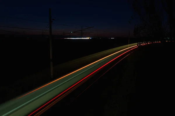 Train Back Light Colorful Trails Rails Travel Night Long Exposure — Stock Photo, Image