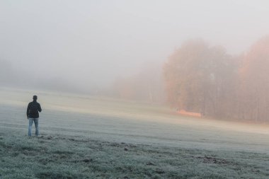 Genç adam sonbahar ormanıyla çayırda duruyor dondurucu sisli bir sabah sisinde. Çek manzarası