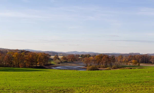Czech Autumn Landscape Dry Pond Dehtar Meadow Trees Distant Hill — Foto Stock