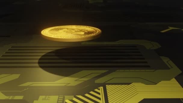 在未来派背景下 黄金比特币下落的缓慢镜头 加密符号3D插图 — 图库视频影像
