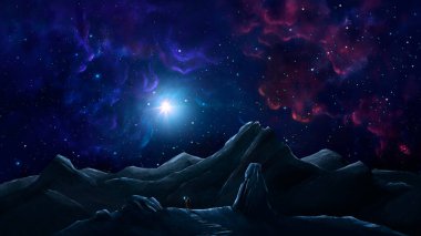Kayada duran sihirbaz, renkli nebulalı dağ vadisi manzarası. Dijital resim çizimi