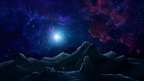 魔术师站在岩石 高山山谷景观与五彩缤纷的星云 数码绘画插图 — 图库照片