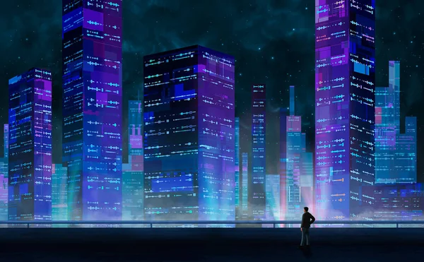 Człowiek Stojący Budynku Patrzący Abstrakcyjne Nowoczesne Science Fiction Kolorowe Miasto — Zdjęcie stockowe