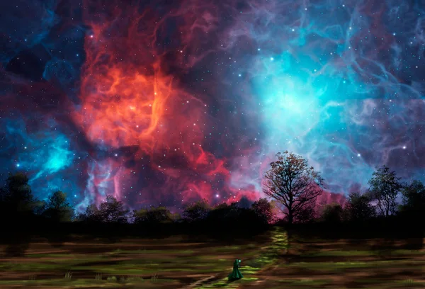 Space Background Magician Walking Path Meadow Landscape Trees Silhouettes Colorful — Stockfoto