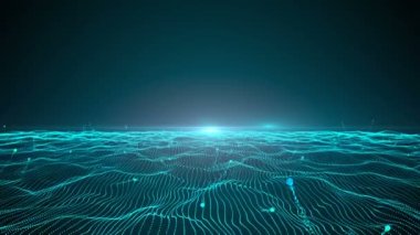 soyut 3D animasyon, neon mavi dalgalı doku ve uçan ışıklar