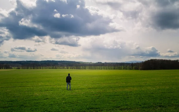 Young Caucasian Man Walking Standing Meadow Dramatic Sky Czech Spring — Stock Photo, Image