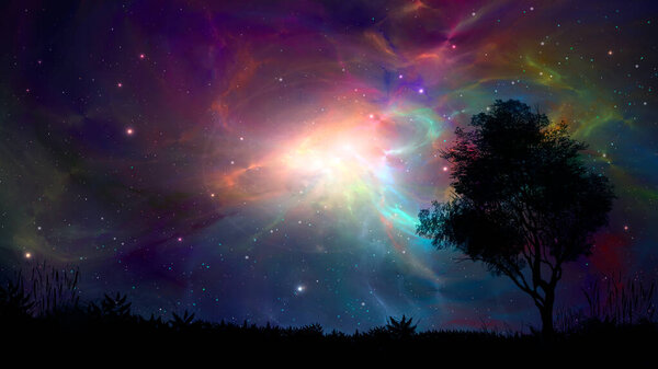 Space colorful fractal nebula with tree and land silhouette. Digital magic landscape illustration paintin
