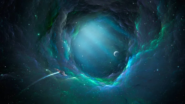 Uzay arkaplanı. Uzay gemisi renkli nebula fraktal tünelinden gezegene uçuyor. NASA tarafından döşenmiş elementler. 3B görüntüleme