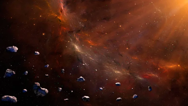 Weltraum Hintergrund Asteroidenflug Buntem Fraktalnebel Mit Sternfeld Und Sonne Digitale — Stockfoto
