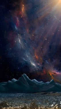 Uzay arkaplanı. Dağ, gezegen yüzeyi renkli fraktal nebula ve yıldızlarla dolu. NASA tarafından döşenmiş elementler. 3B görüntüleme