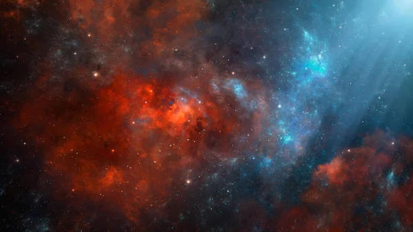 Uzay arkaplanı. Yıldızlı kırmızı ve mavi renkli nebula. Dijital resim