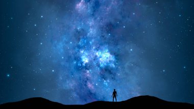 Uzay arkaplanı. Siluet adam ve dağ ülkesi mavi yıldızlı gece gökyüzü, nebula. Başarı, seyahat, macera 3B illüstrasyon