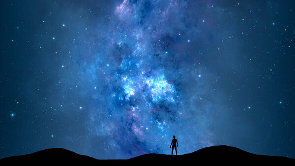 Space background. Silhouette man and mountain land with blue starry night sky, nebula. Success, travel, adventure 3D illustration