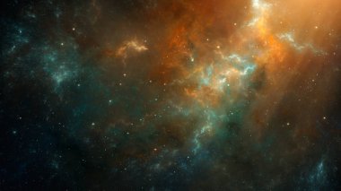 Uzay arkaplanı. Turuncu ve mavi renkli yıldızlı renkli nebula. Dijital resim