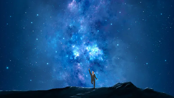 Hombre Negocios Traje Cima Montaña Con Vía Láctea Azul Nebulosa — Foto de Stock