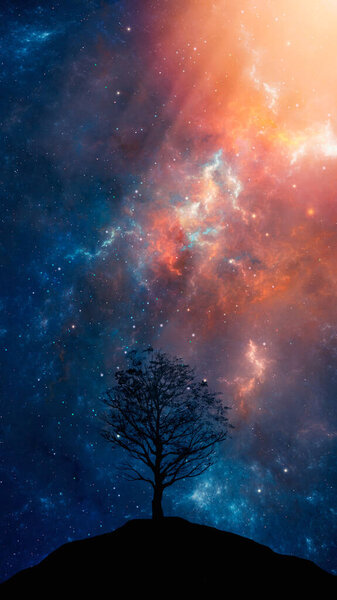 Space background. Tree and hill land silhouette with colorful nebula with two planet. Digital painting