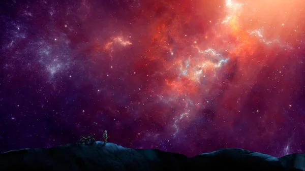 Astronauta Silhouette Moto Piedi Sulla Montagna Con Nebulosa Colorata Spazio — Foto Stock