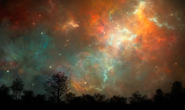 Fondo Espacial Tierra Silueta Árbol Con Colorida Nebulosa Fractal Estrellas — Foto de Stock