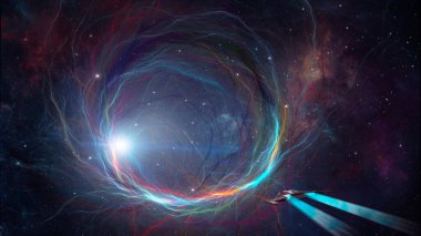 Uzay arkaplanı. Uzay gemisi renkli fraktal tünellere nebula yıldızlarıyla uçuyor. NASA tarafından döşenmiş elementler. 3B görüntüleme