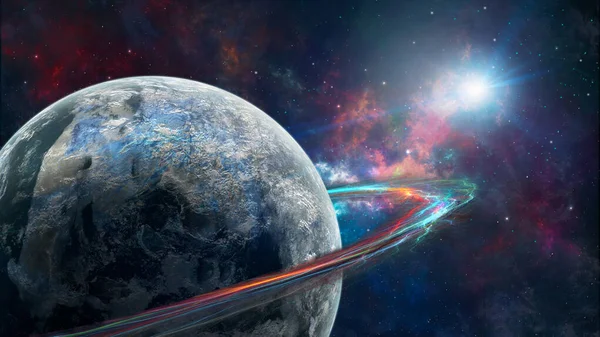 Rymdbakgrund Planet Med Färgglada Fraktal Ring Färgglada Nebulosa Med Stjärnor — Stockfoto