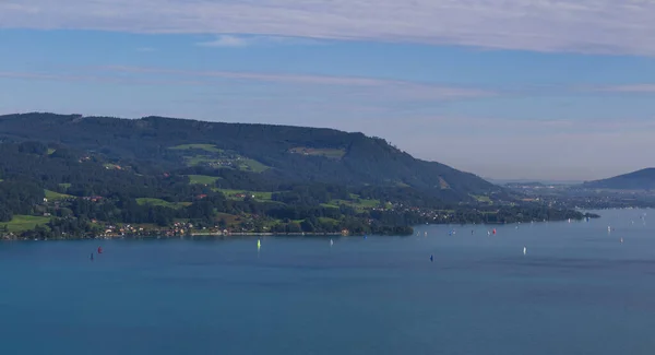 Lake Attersee Morning Cloudy Sky Small Sailboat Ship Hill Schoberstein — Stock Photo, Image