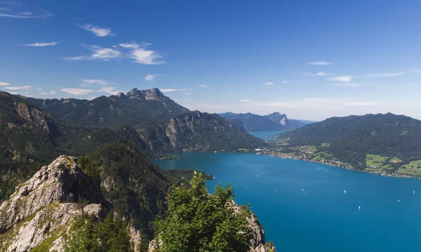 Attersee Mondsee Con Austria Alpes Colina Schafberg Desde Mirador Colina — Foto de Stock