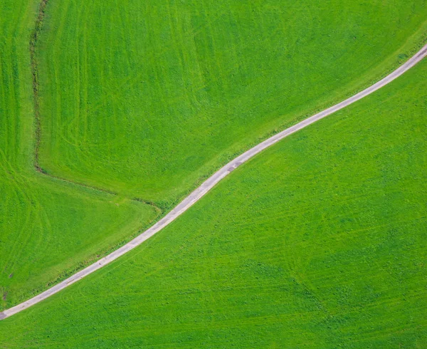 Yeşil Çayırdaki Küçük Yola Doğru Havadan Görüş Avusturya Manzarası — Stok fotoğraf