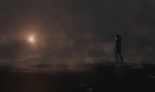 Девочка Молодая Женщина Гуляющая Темном Туманном Пейзаже Внешний Вид Фильма — стоковое фото