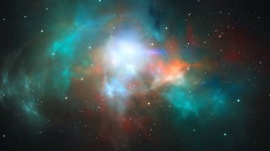 Uzay arkaplanı, renkli fraktal nebulada ve yıldızlarda uçuyor. Dijital animasyon ve 3B canlandırma