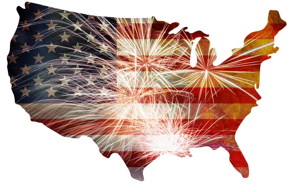 Vlajka USA s Fireworks mapa Grunge pozadím — Stock fotografie