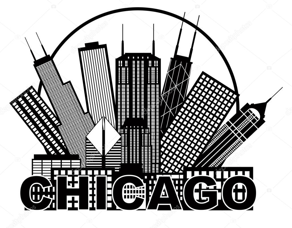 Chicago City Skyline Black and White in Circle Illustration