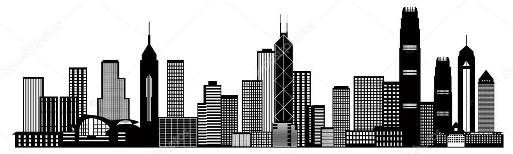 Hong Kong City Skyline Black and White Illustration