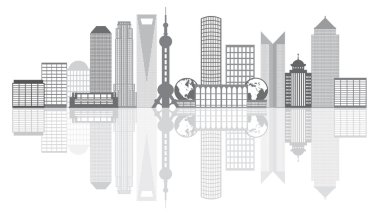 Shanghai şehir manzarası gri tonlamalı anahat illüstrasyon