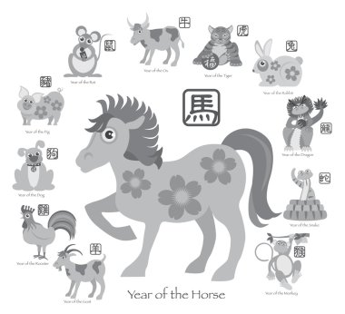 On iki Zodiacs vektör çizim ile Çin yeni yılı at