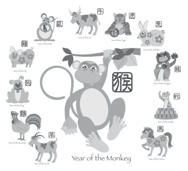 Çin yeni yılı maymun on iki Zodiacs vektör çizim ile