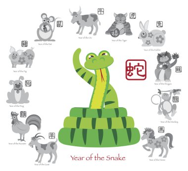 Çin yeni yılı yılan renk on iki Zodiacs vektör çizim ile