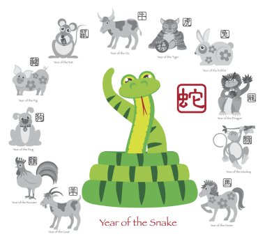 Chinese New Year Snake Color with Twelve Zodiacs Vector Illustration clipart