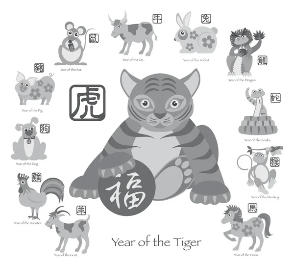 Chinese New Year Tiger with Twelve Zodiacs Vector Illustration — Stock Vector