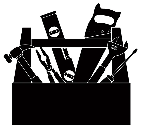 Construction Tools in Tool Box Black and White Illustration — Stock Vector