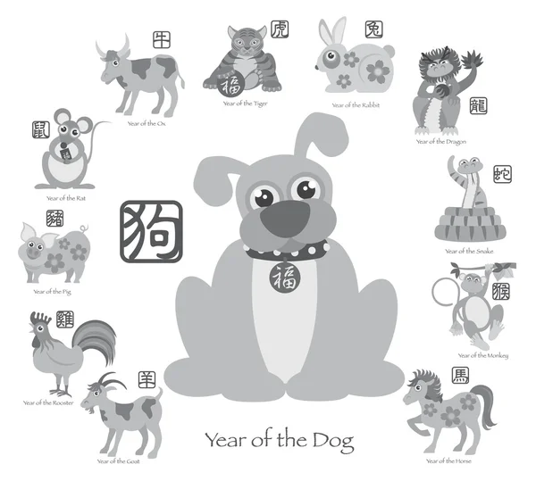 Cão de Ano Novo Chinês com Doze Zodíacos Ilustração vetorial — Vetor de Stock