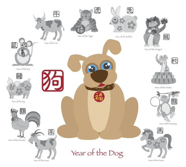 Color chino del perro del año nuevo con doce zodiacs Vector ilustración — Archivo Imágenes Vectoriales