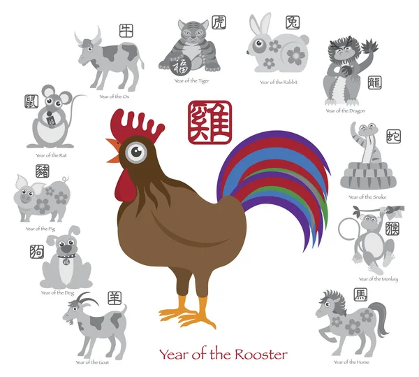 Chinese New Year Rooster Color with Twelve Zodiacs Vector Illustration — Stock Vector