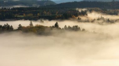 Zaman atlamalı film sis Mount Hood Ulusal Ormanı ve Sandy River üzerinde renkli sonbahar sezonunda Jonsrud görüş açısından güzel Oregon 1080 p haddeleme kalın battaniye